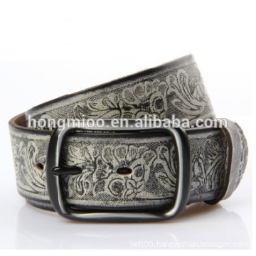 Elegant drawing printing genuine leather belt white flower carving embossing belt Vintage person belt street culture